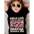 thumbnail image 1 of Camiseta de manga corta con estampado de camión todoterreno y letras "A las chicas también les gustan los camiones monstruo" de MILKYSHIP para niñas., 1 of 7