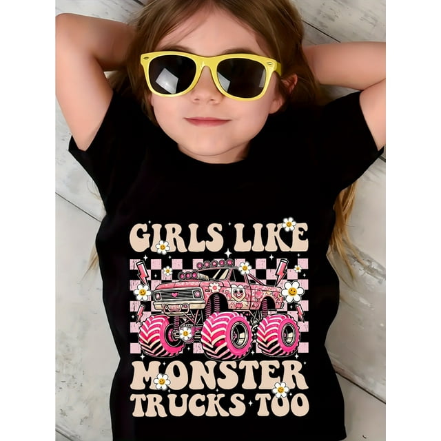 Camiseta de manga corta con estampado de camión todoterreno y letras "A las chicas también les gustan los camiones monstruo" de MILKYSHIP para niñas.