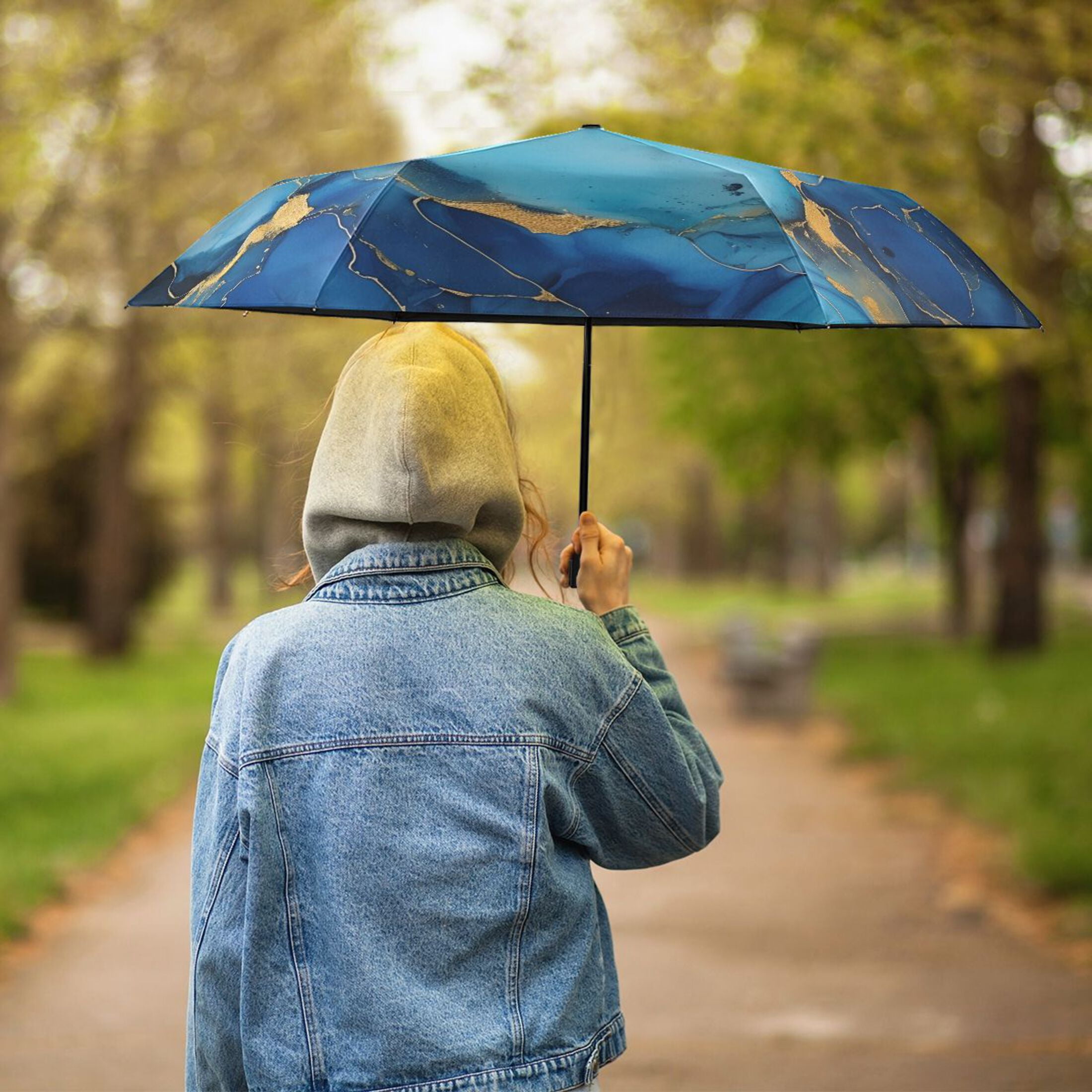 Sapphire Blue White Marble Compact Sun Umbrella Windproof Travel Umbrellas for Rain Strong Portable UV Protection