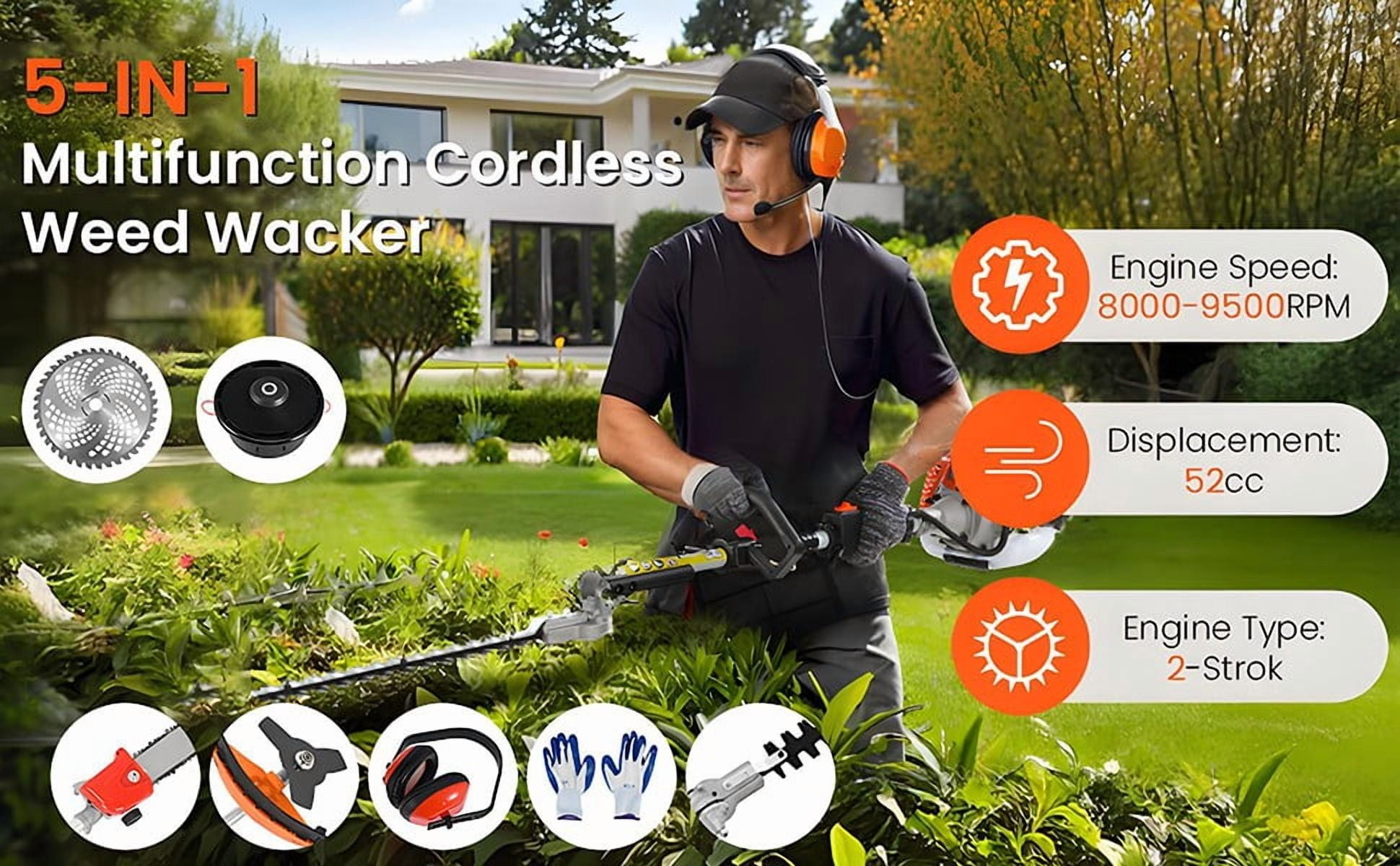 Seipouy 5 in 1 Gas Powered Weed Eater,Cordless Multi Functional Lawn Mower Hedge Trimmer Brush Cutter Pruning Tool 2-Stroke Brush Cutter, Handheld Chainsaw Hedge Pruner