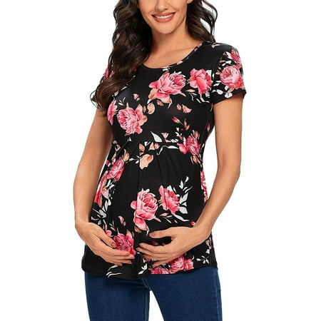 

NIUREDLTD Women s Maternity Nursing Tops Breastfeeding Floral Printed Top Shirt Double Layer Soft Short Sleeve Pregnancy Clothes