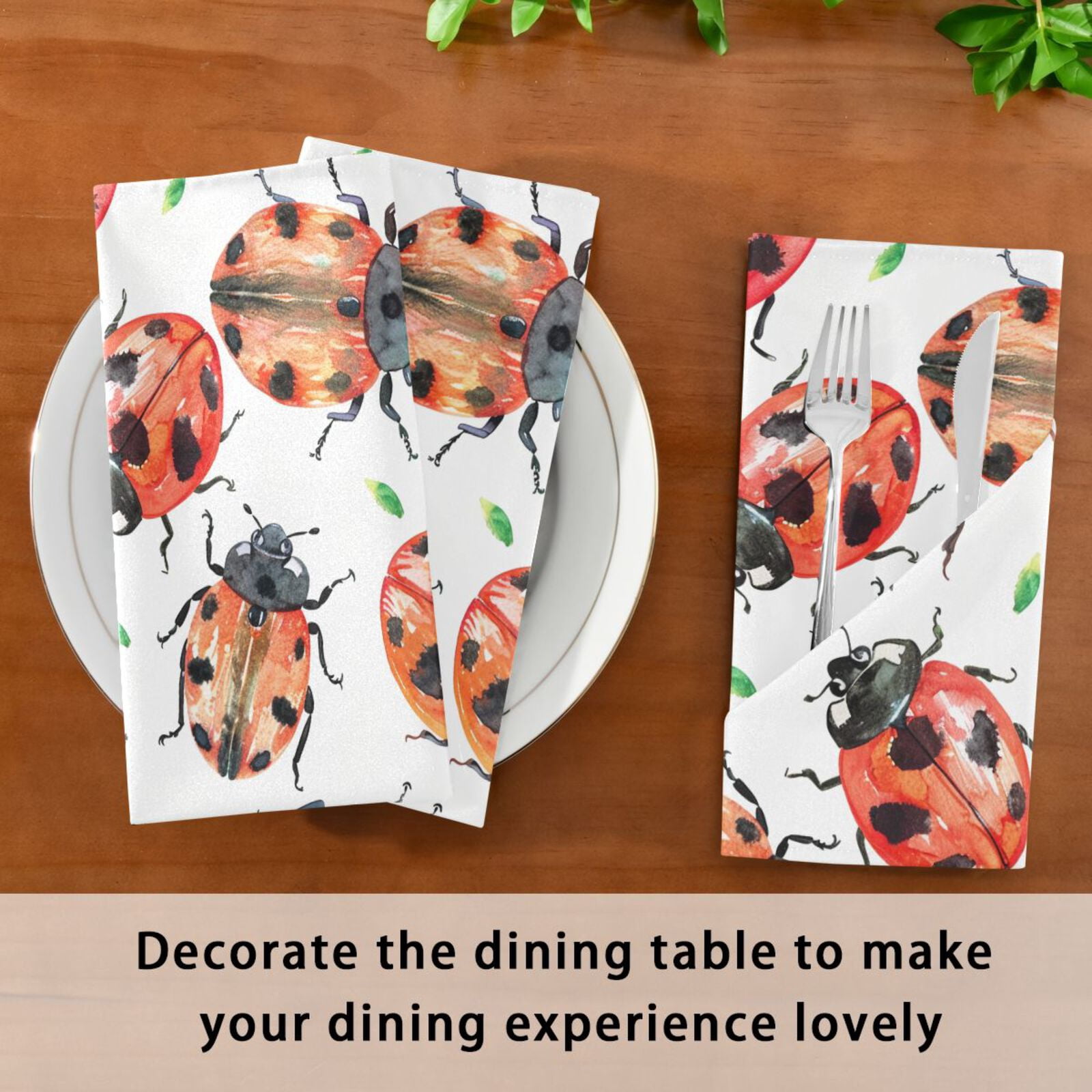 JSTEL Lady Bug Watercolor Cloth Napkins Set of 6, 20x20 Inch Washable and Reusable Napkin for Decoupage Dinner Party Everyday Use