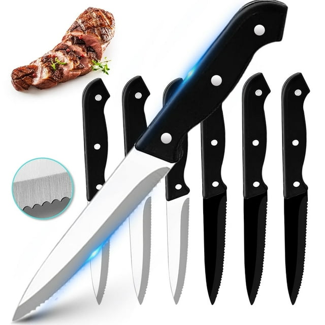 Ensemble de 6 Couteaux à Steak pour une Coupe Précise, Lame Dentelée de 3,5 Po Pleine Soie, Triple Rivetage, Ensemble de Coutellerie Compatible Lave-Vaisselle