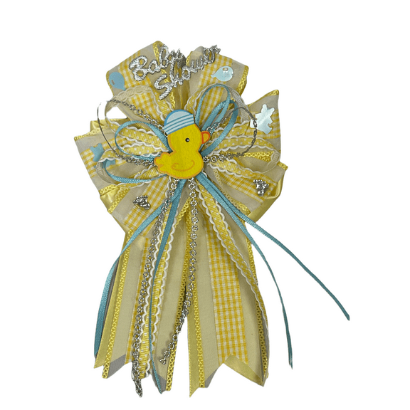 Charmed Cute Yellow Ducky Mommy to Be Corsage for Baby Shower; IT's a Boy; Blue