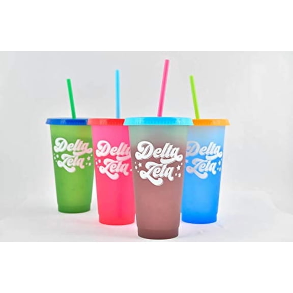 Sorority Shop Delta Zeta Color Changing Cups - Pack of 4 Reusable Cups with Lids and Straws, Delta Zeta Cup, Perfect Size 24 Oz Tumbler Cups, Mix and Match Lids With Cool Retro Design