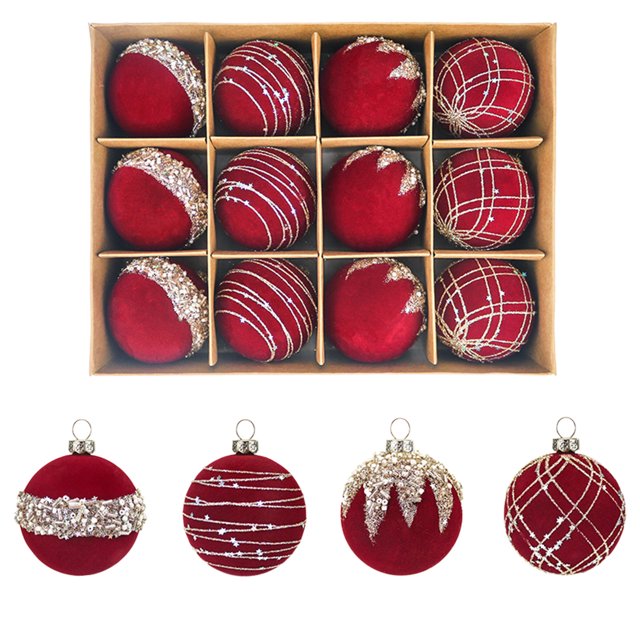 Bolas de decoración navideña clásicas para colgar en el árbol de Navidad, con diamantes flocados y bolas de terciopelo.