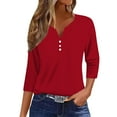 thumbnail image 1 of Women's Top Solid Color Button-Up 3/4 Sleeve Casual Commuting Long Sleeve Shirt | Yubnlvae | Women's Solid Color Button up Top with Three Quarter Sleeves for (Red | L), 1 of 7