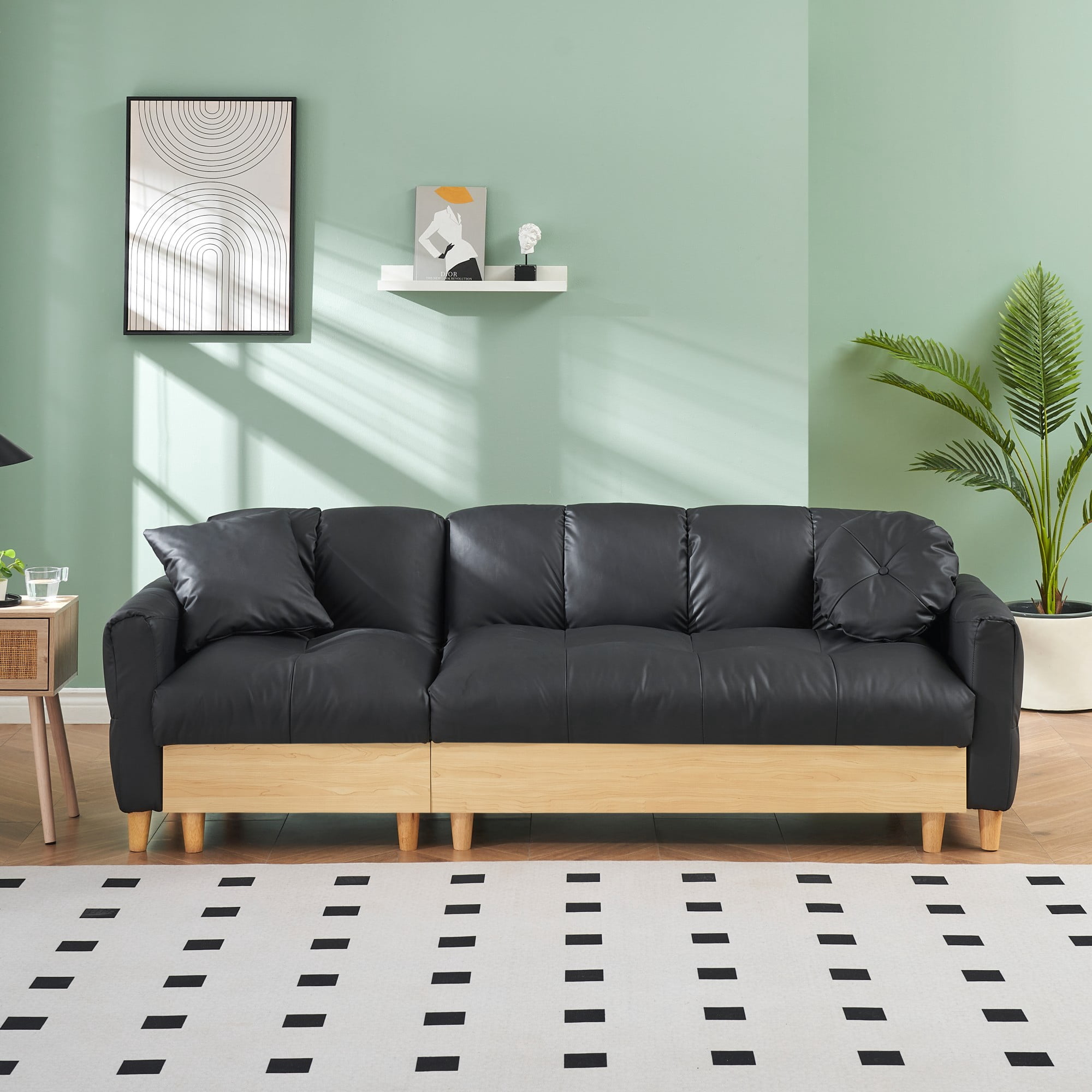 Overstuffed Sofa Couch,3 Seater Tech Cloth Upholstered Convertible Sofa Couches with Drawer and Storage Seatbase,Adjustable Backrests and Pillows, Comfy Couch for Living Room,Black