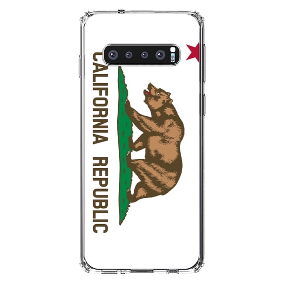 DistinctInk Clear Shockproof Hybrid Case for Samsung Galaxy S10 (6.1" Screen) - TPU Bumper, Acrylic Back, Tempered Glass Screen Protector - California State Flag - US State Flag