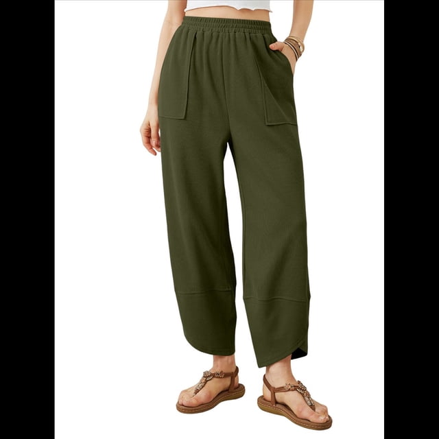 Pantalones Anchos y Holgados para Mujer, Estilo Palazzo Harén, Informales, con Cintura Elástica y Bolsillos. Verde L