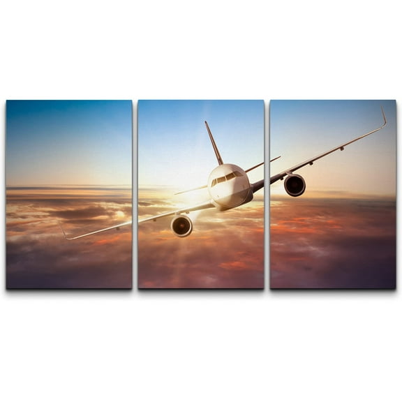 wall26 Canvas Print Wall Art Set Jumbo Jet Flying Over The Sunset Airplanes Sky Digital Art Realism Modern Scenic Colorful Multicolor Ultra for Living Room, Bedroom, Office - 16"x24"x3 Pane