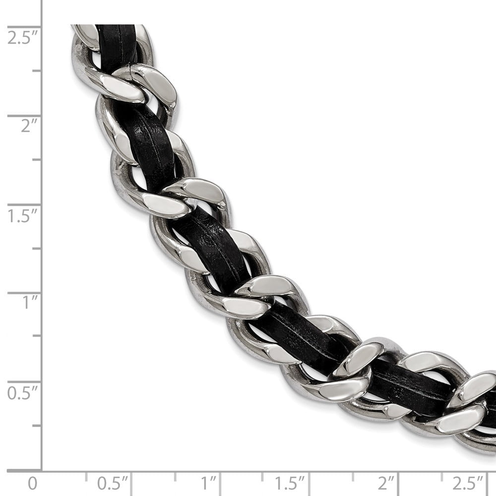 Stainless Steel Polished Blk Leather With 2in. Ext. Curb Chain Necklace - 15 Inch