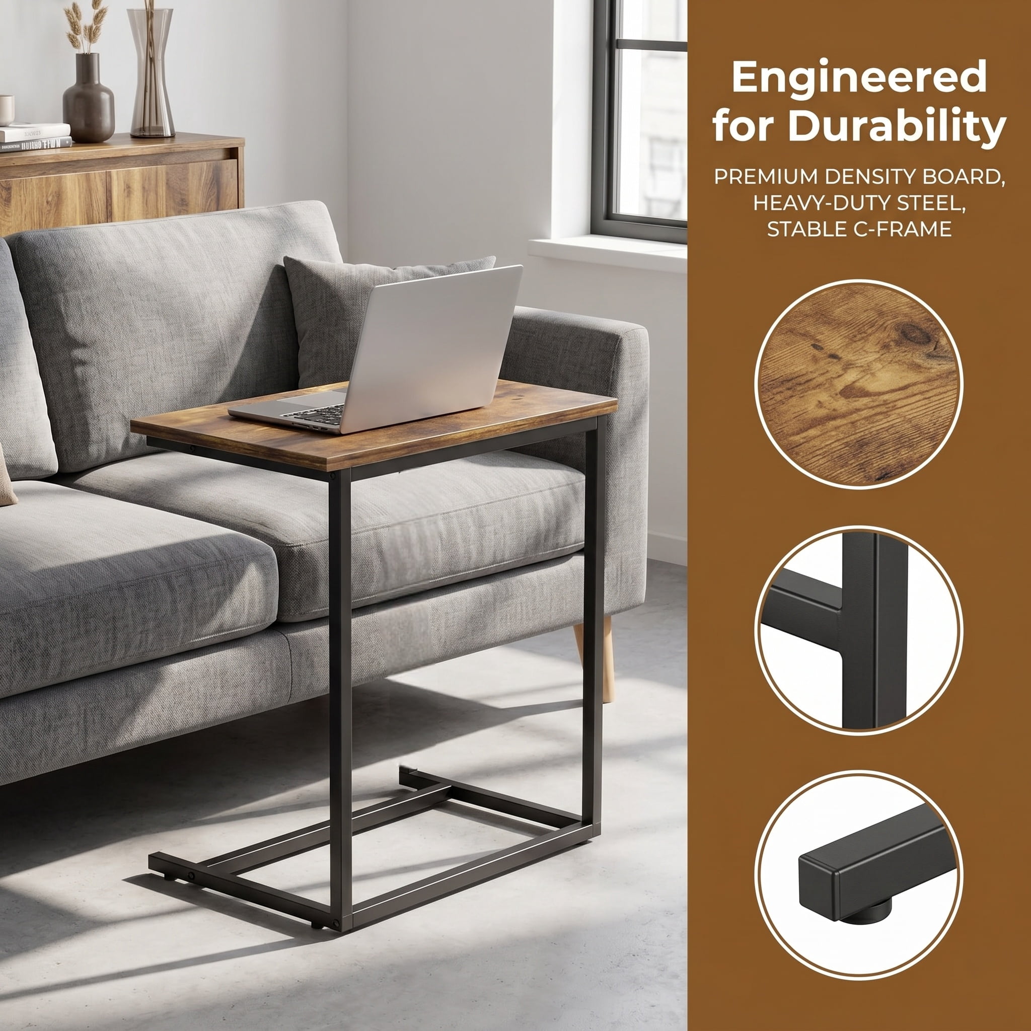 C Shaped End Table 2 PCS, Side Table for Sofa,Modern C-Table for Livingroom,Bedroom,Brown
