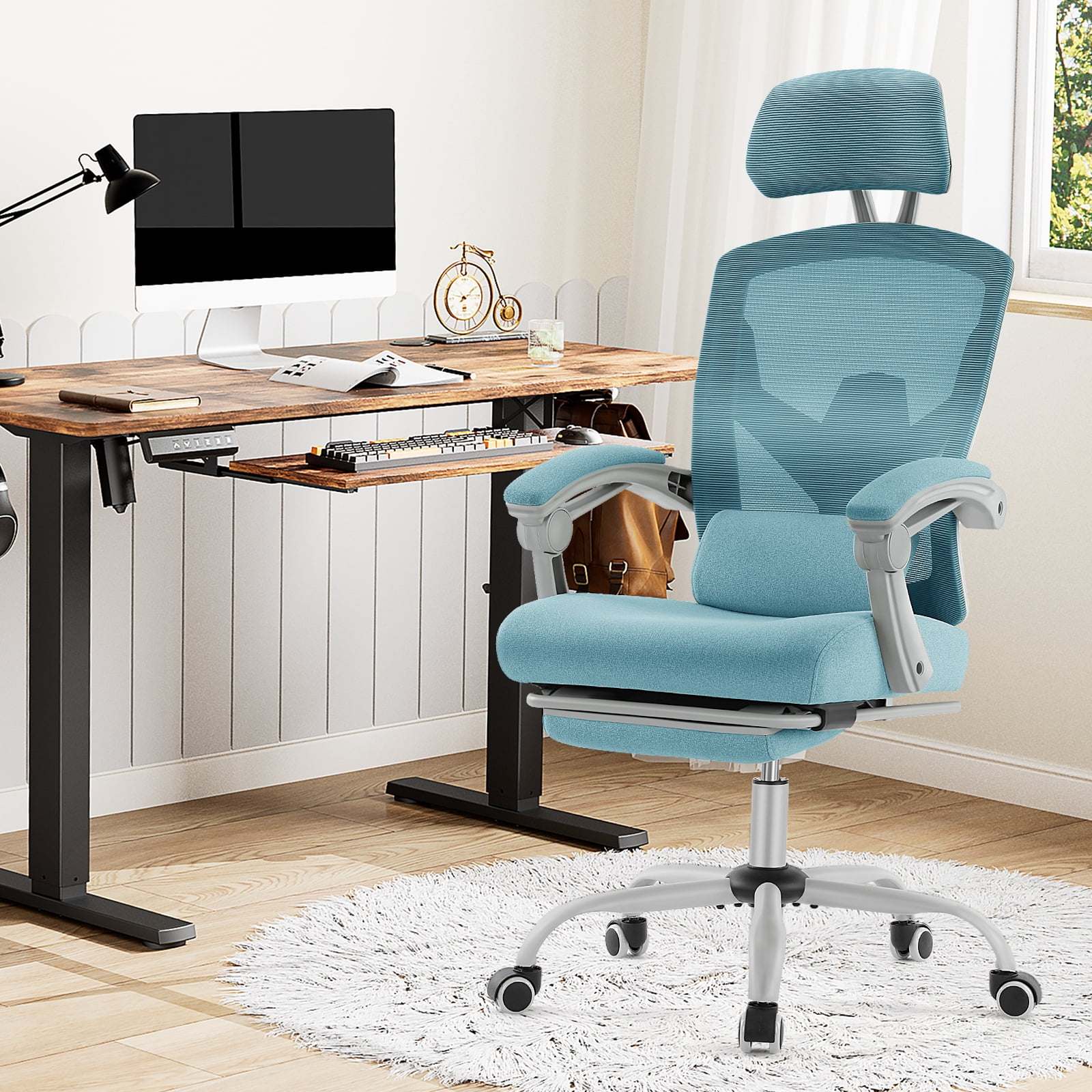 JOINSUN High Back Mesh Office Chair, Ergonomic Lumbar Support, Headrest, Footrest for Home, Blue