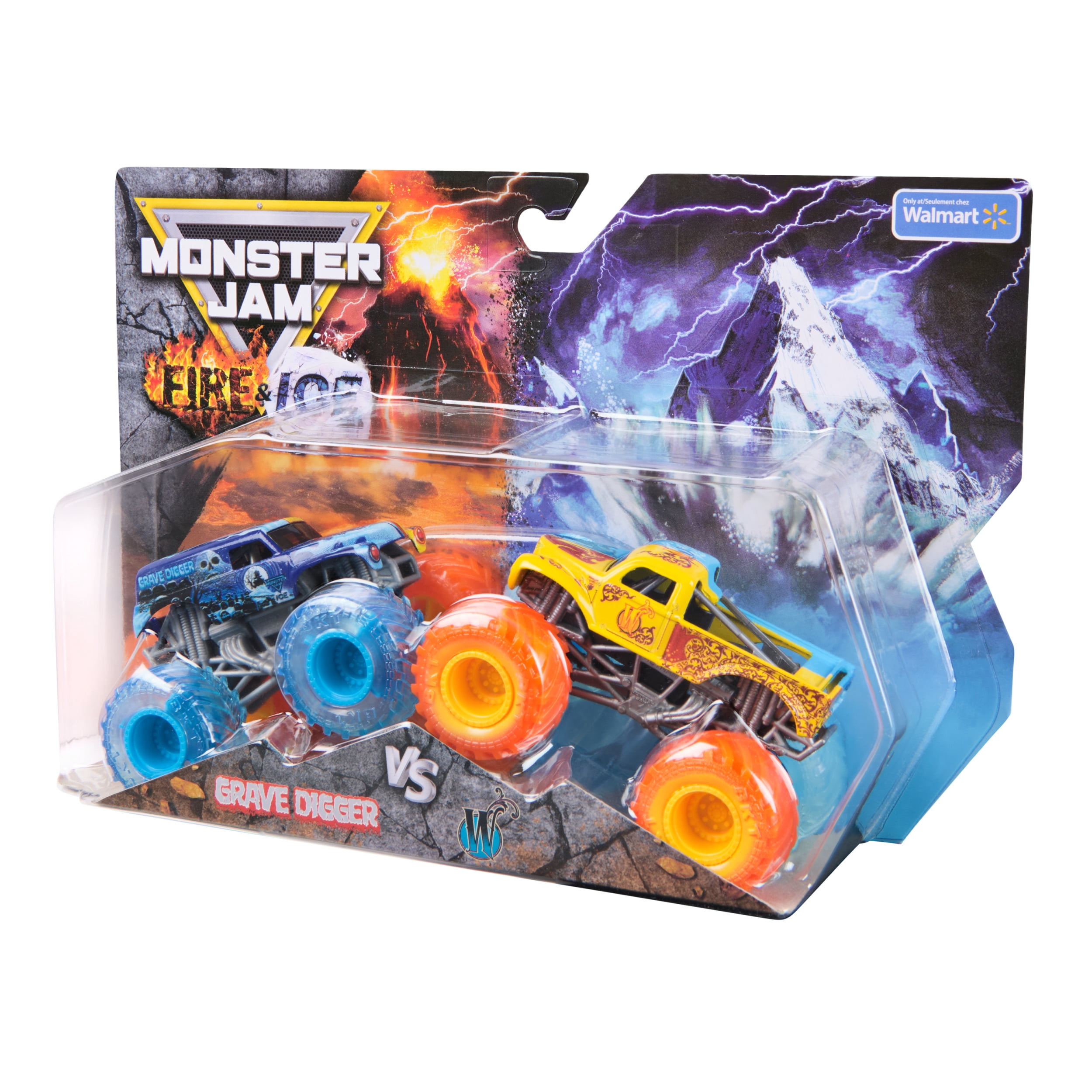 Monster Jam, Fire & Ice Grave Digger and Whiplash 1:64 Scale Die-Cast Monster Trucks Vehicle 2-Pack, for Ages 3 and up