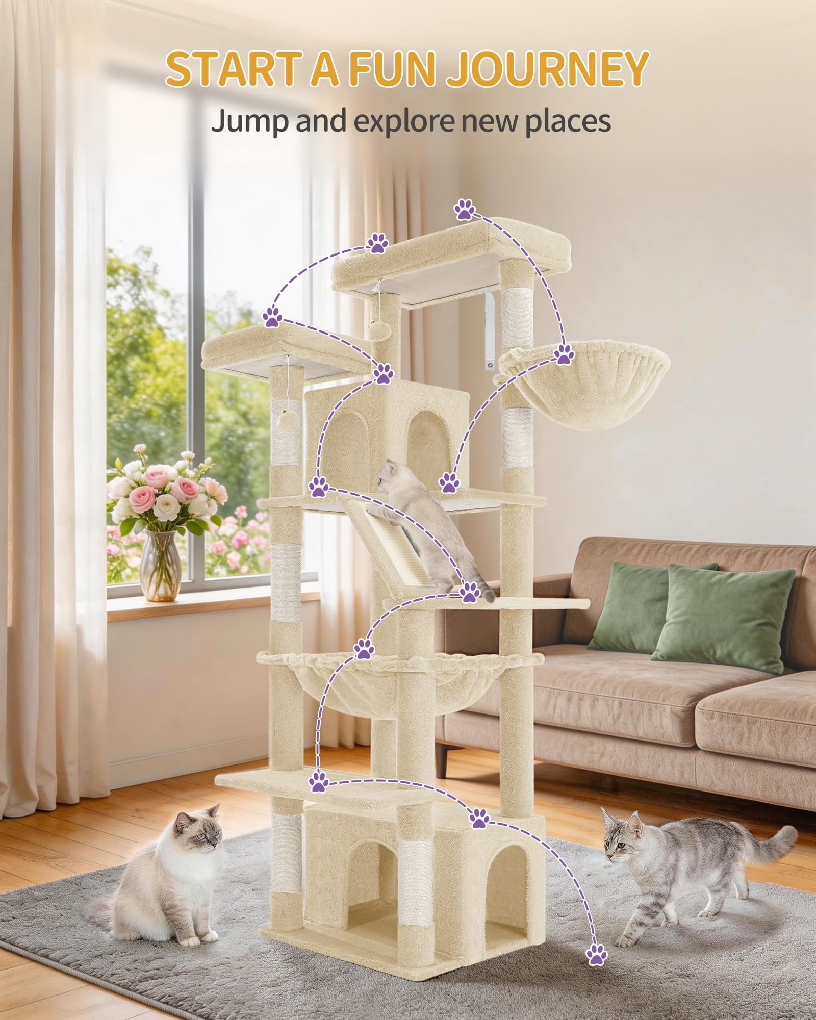 Cat Tree, 72 Inch Tall Beige Indoor Tower for Multiple Cats with Climbing, Condo, Scratching Posts