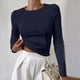 thumbnail image 4 of Camisas de Larga para Mujer, Corte Entallado, Cuello Redondo, Ropa de Otoño, Costuras Expuestas, Blusas Básicas Acanaladas. Azul Marino L, 4 of 7