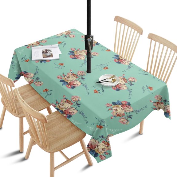 Outdoor Light Green with Rose Tablecloth with Umbrella Hole and Zipper,Rectangle Waterproof Wrinkle Free Table Cloth Decorative Fabric Washable Table Cover for Patio, Party, Picnic 60 X 84 Inch