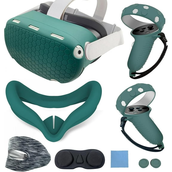 Compatible with Oculus Quest 2 Silicone Case Accessory with VR Case Cover, Silicone VR Face Cover Pad and Touch Controller Grip Cover Compatible with Quest 2, Disposable Eye Cup (Dark Green)