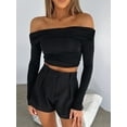 thumbnail image 6 of Women's Off-Shoulder Cropped Tops Solid Color Long Sleeve Ruched Show Navel T-Shirts, 6 of 9