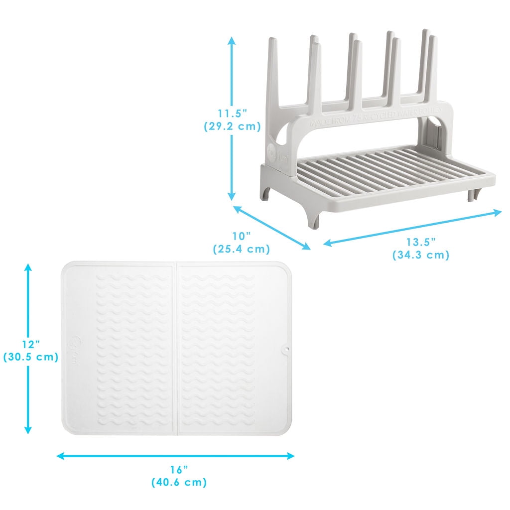 PopYum Seattle Gray Space Saving Drying Rack from 100% Recycled Bottles with Clear Frosted Silicone Drying Mat, countertop for baby bottle, plastic bags, cups, glass, tumblers, compact