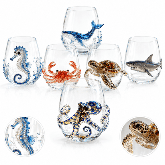 3D Ocean Animal Glassware, Sculpted Marine Animal Wine Cup, Octopus Seahorse Crab Turtle Whale Shark Glass for Coastal Decor and Home Bar