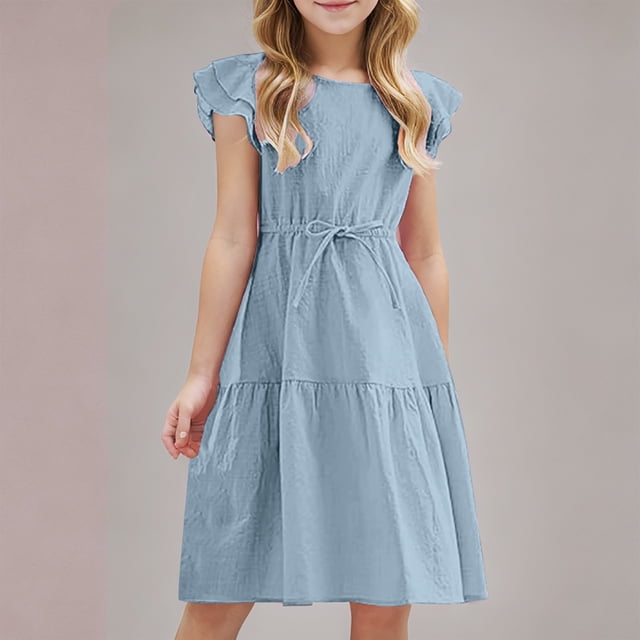 Summer Savings Clearance! Children's and Girls' Solid Color Cotton Round Neck Short Sleeve Dress with Drawstring, Comfortable for School, Playtime, or Casual Outings