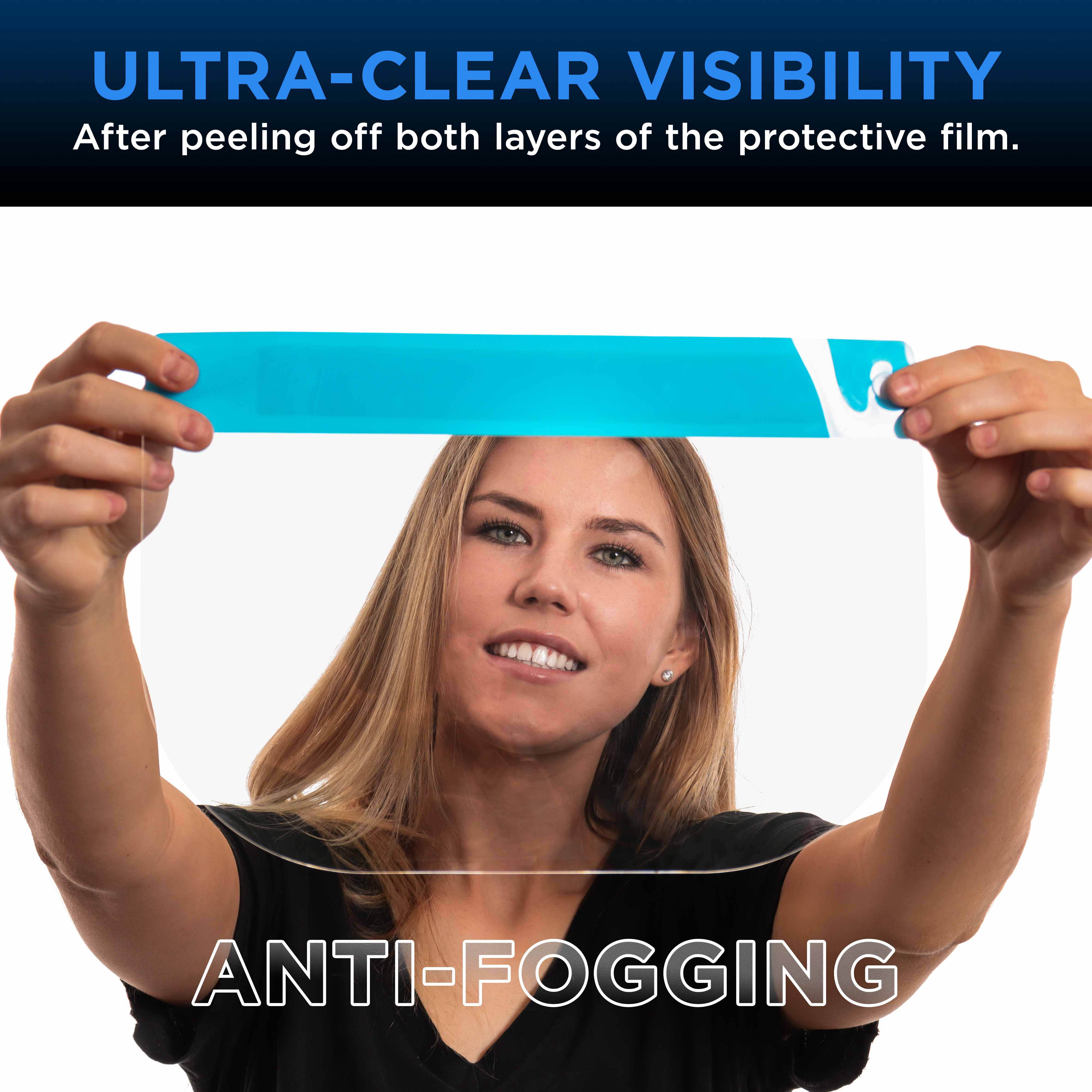 Salon World Safety Face Shields (100-Black & 100 Blue) - Ultra Clear Protective Full Face Shields to Protect Eyes, Nose and Mouth - Anti-Fog PET Plastic, Elastic Headband - Sanitary Droplet Guard