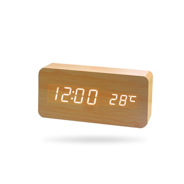 Reloj despertador LED Dormitorio digital Desktop Control de voz Relojes Decoración Dígito blanco Medidor de temperatura Termómetro de madera de bambú Kearding HA047832-02B