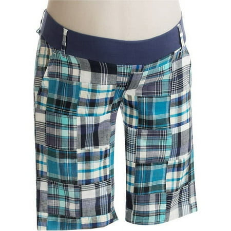 Maternity Demi-Panel Patchwork Plaid Bermuda Shorts