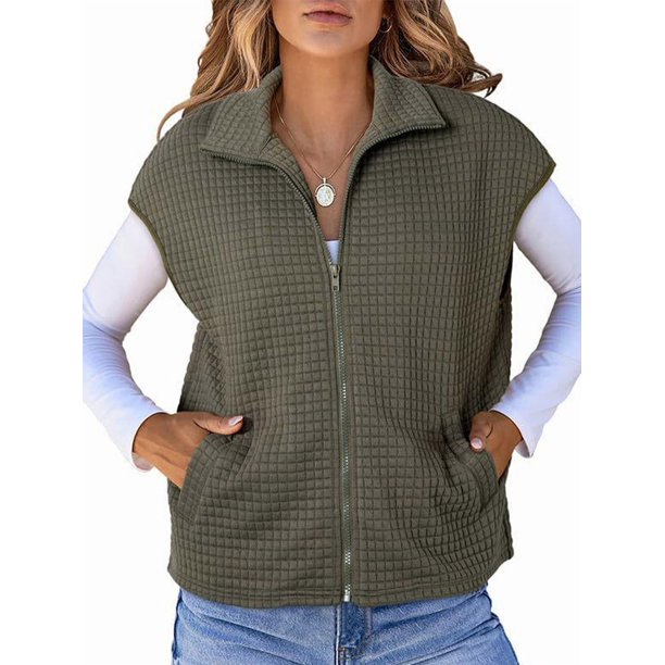 Chalecos de Mujer con Cremallera, Mangas , Bolsillos Laterales, Tejido Gofre, Sin Mangas, Chalecos Extragrandes. Verde M