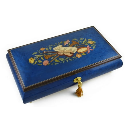 Beautiful Royal Blue Instrumental And Floral Wood Inlay Music Box, Music Selection - Under the Sea (The Little Mermaid) - SWISS