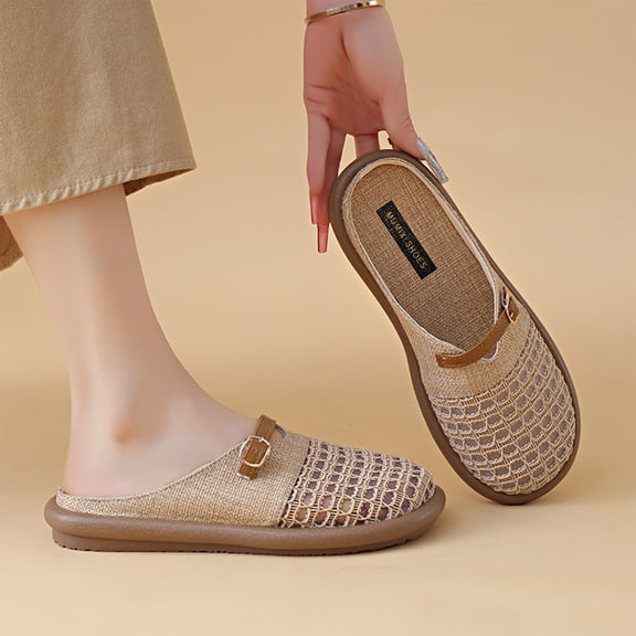 NexTorq Women's Breathable Linen Mesh Closed Toe Mules, Hollow Out Summer Clogs, Lightweight Casual Slip On Shoes with Adjustable Metal Buckle, Khaki, 35
