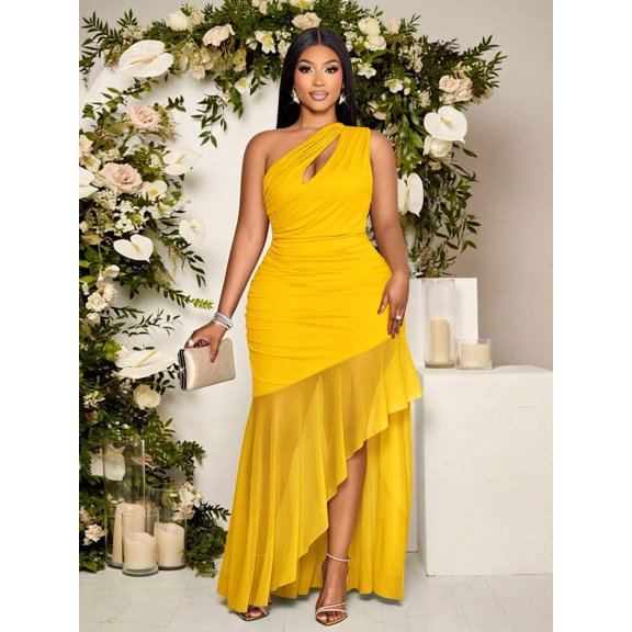 Plus Size Yellow One Shoulder Asymmetric Hem Ruched Bodycon Maxi Dress