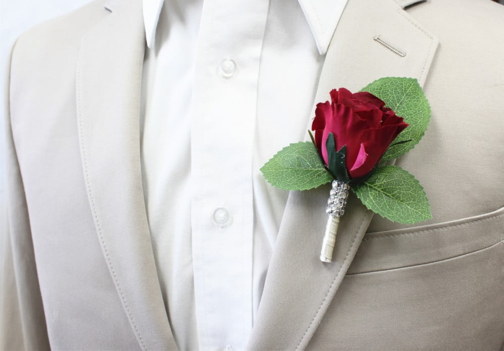 Rustic Corsage Boutonniere Artificial Burgundy Rosebud with Pink Green Accents 