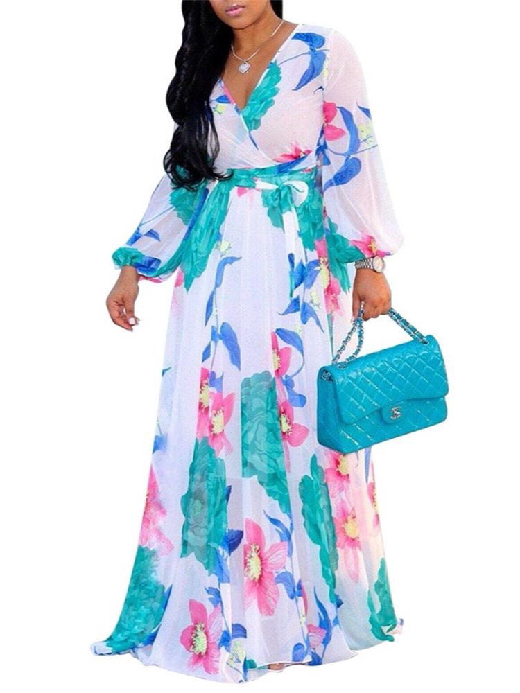 Women Long Sleeve Dresses Floral Print 
