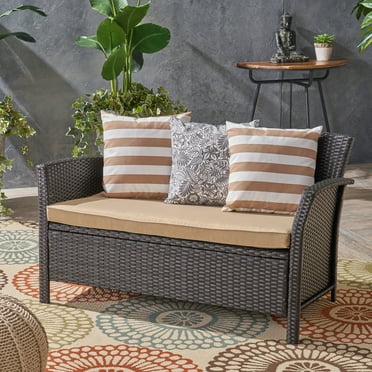 BJJAT Outdoor Patio Loveseat 2 Seater Ratton Sofa with Iron Frame and Waterproof Cushion