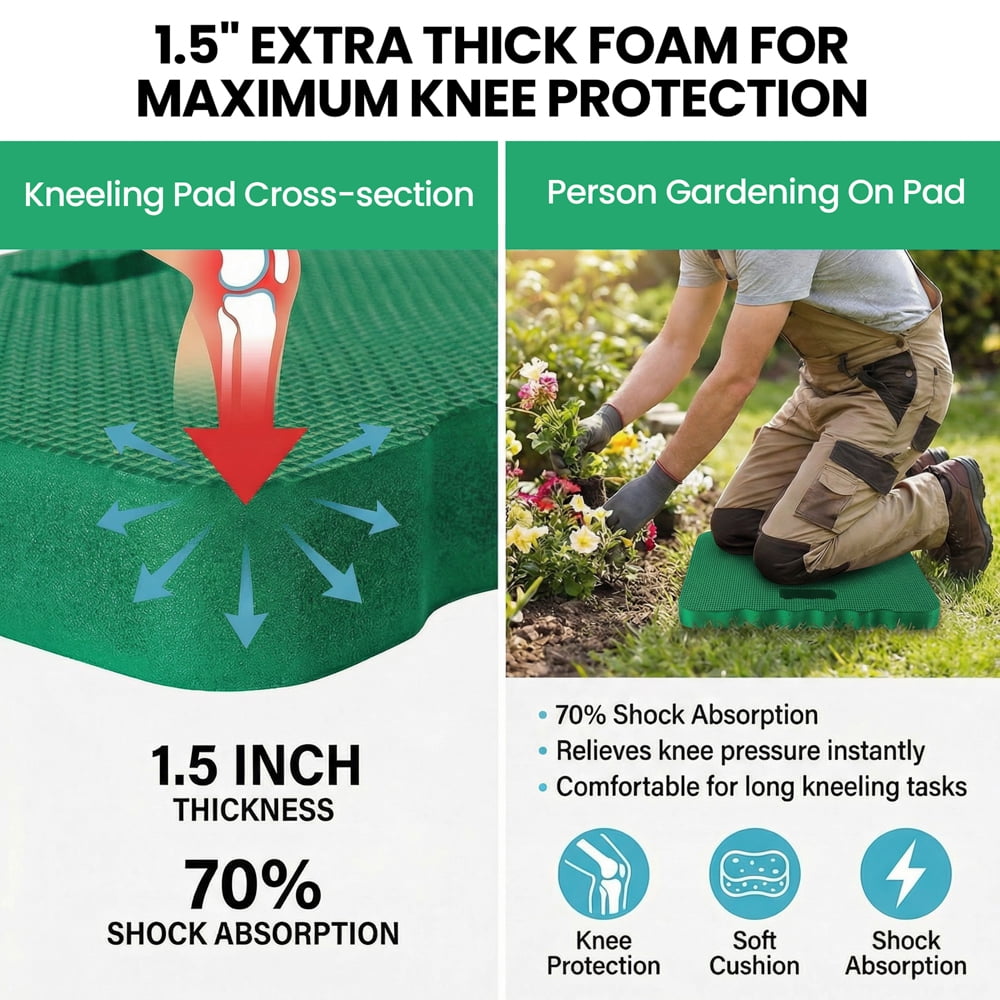 Extra Thick Foam Kneeling Pad for Gardening and Exercise Mat for Floor Work, Set of 2 Large Green