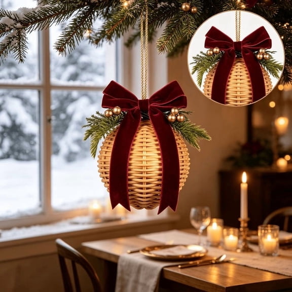 Christmas Decorations Savings, Rattan Christmas Ball Ornament Burgundy Velvet Bow Hanging Winter Decor Woven Ball Wood Material Vintage Style for Tree Mantel