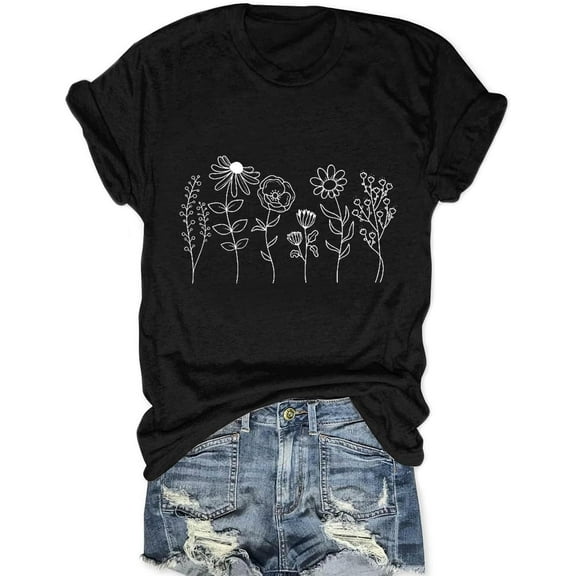 Women Boho Wildflower Shirts Funny Flower Plant T Shirt Cute Daisy Graphic Tees Short Sleev Vacation Tops
