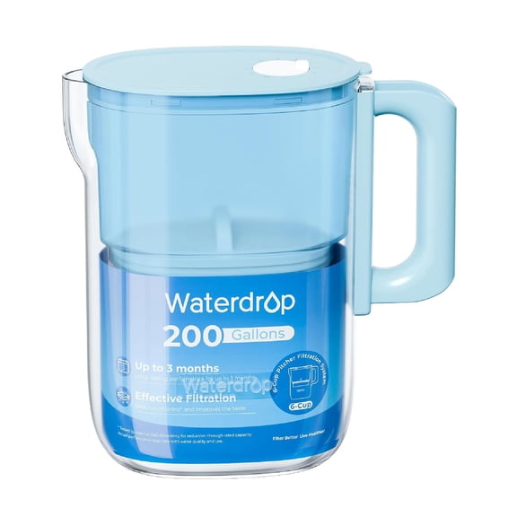 Waterdrop PT-12B-H Small 6-Cup Water Filter Pitcher for Mini Fridge, Blue, NSF-Certified Filter, 200-Gallon Long-Life, Reduces PFOA/PFOS and Chlorine, BPA-Free, Ready-to-Use Handle