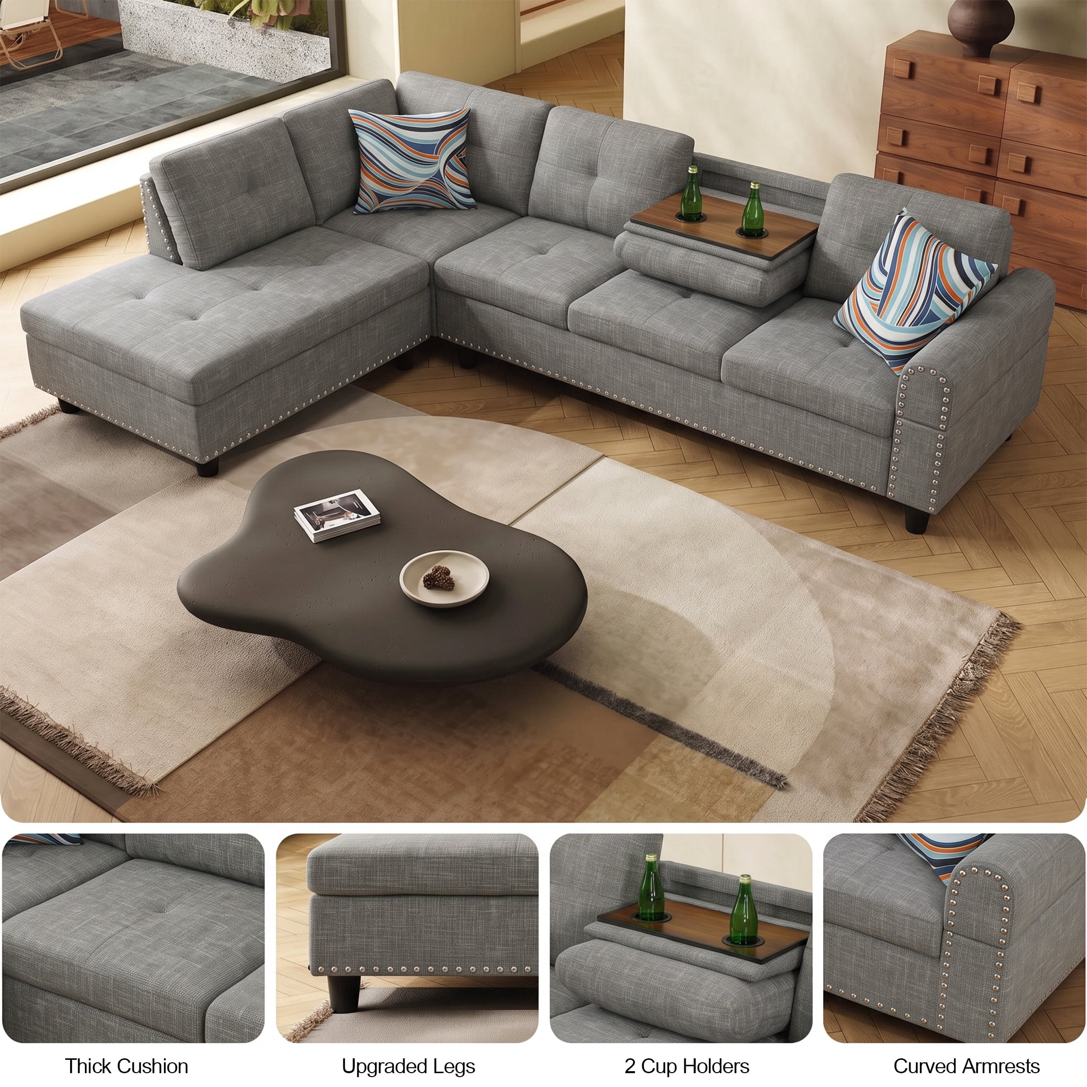 AENKYO 98" L-Shaped Sectional Sofa with Reversible Chaise and Cup Holders, Linen, Gray