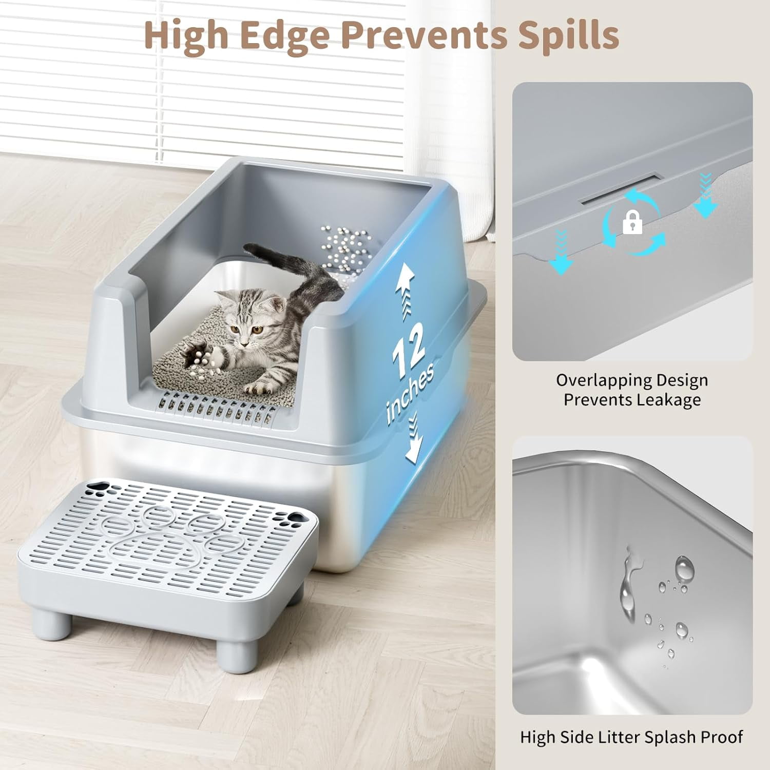 Stainless Steel Cat Litter Box with lid, Extra Large Metal Litter Box for Big Cats XL High-Sided Steel Litter Pan with Anti-Leakage Design, Odorless, Easy Clean, Includes Scoop (Gray)