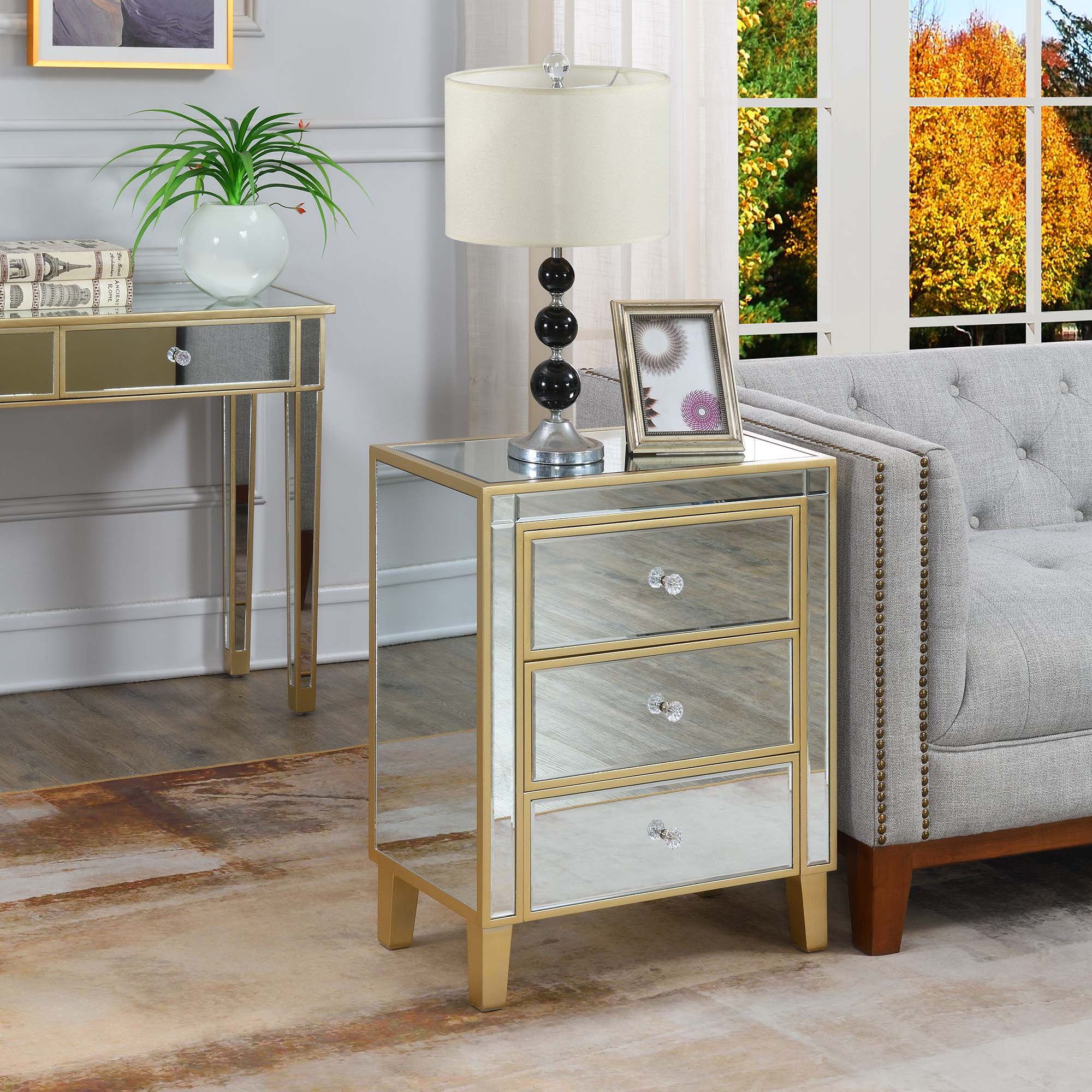 Convenience Concepts Gold Coast Large 3 Drawer Mirrored End Table