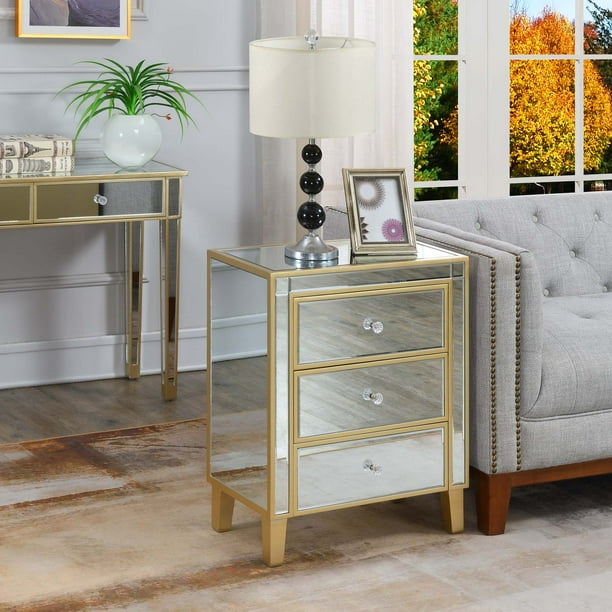 Convenience Concepts Gold Coast Large 3 Drawer Mirrored End Table