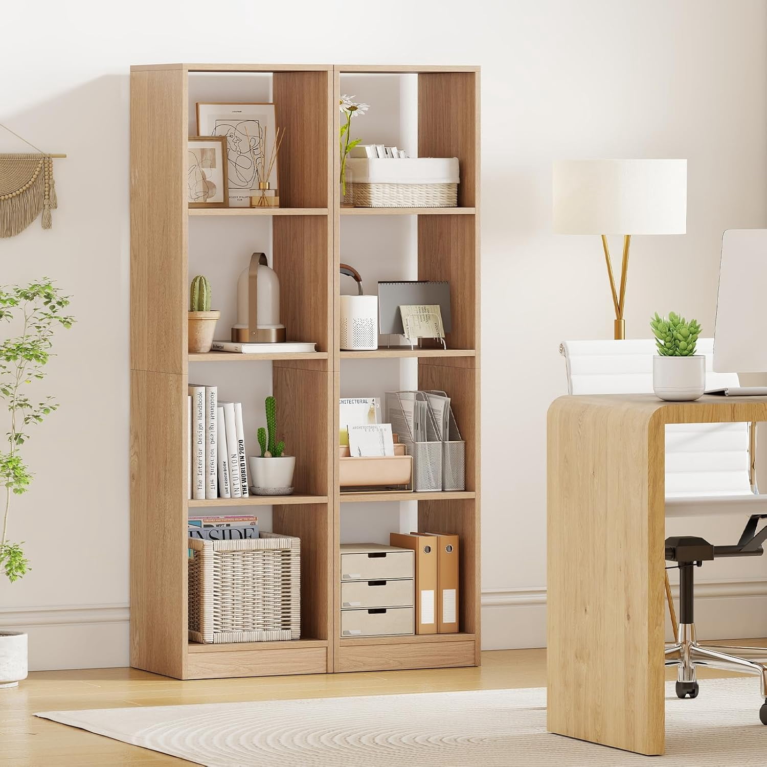 56" Tall 4 Cube Bookcase, Natural Freestanding 15" Wide 5-Tier Narrow Open Display Bookshelf w/ 4 Anti-Tipping Kits, Wooden Cube Storage Organizer for Small Place, Living Room, Bedroom