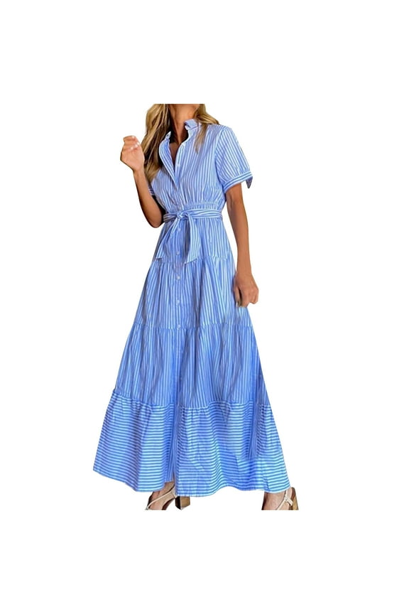 Women's 2024 Summer Striped Maxi Dress Casual Button Down Short Sleeve Tiered Long Shirt Dresses with Belt
