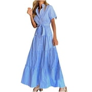 Tumotour Summer Shorts For Women Casual Short Sleeve Button Down Tie Waist Ruffled Printed Maxi Shirt Dress Loose Long Dress