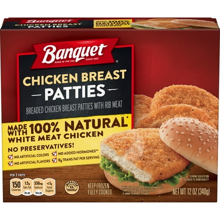 BANQUET Frozen Chicken Breast Patties Made with 100% Natural* White Meat Chicken, 12 oz.