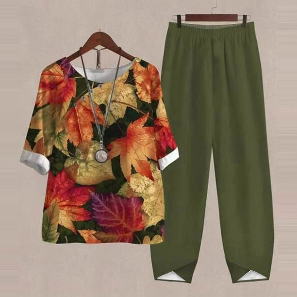 ICHUANYI ClearanceWomen's Summer Printed Short Sleeve Half Sleeve Round Neck Cropped Top + Casual Pants Suit Set Two Piece Lounge Set(Army Green, S) ICHUANYI WER20232080505285